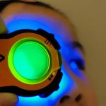Child undergoing a fluorescein-enhanced eye exam with the Lumio device by Aston Vision Sciences