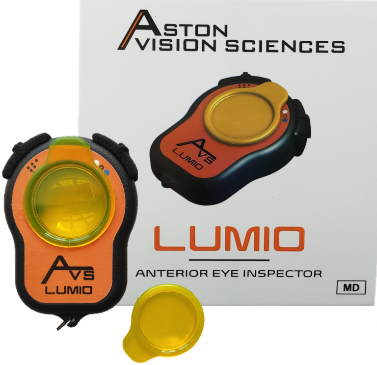 AVS Lumio portable anterior eye magnifier with clip on Fluorescein Wratten yellow filter and packaging used for testing patients' vision in a variety of portable environments.