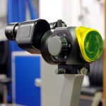 Keeler slit lamp with an AVS fluorescein filter clipped onto its front for enhanced anterior eye, corneal and dry eye examination.